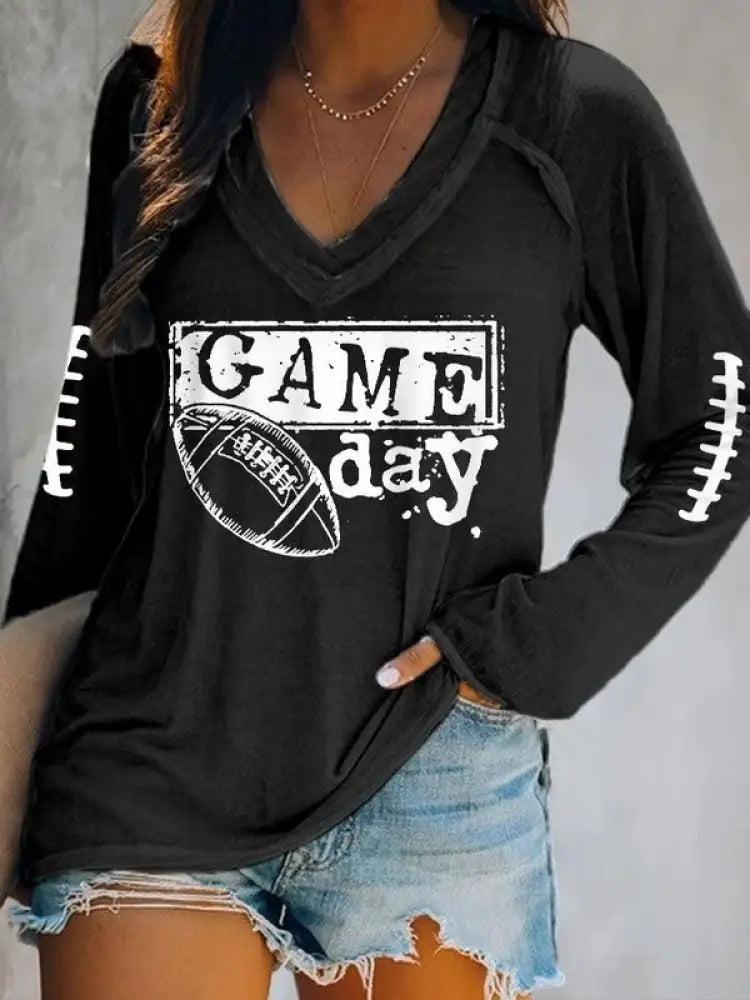 Women’s Football Fans Lovers Gameday Casual Double Layer Neck Long Sleeve T Shirt Black / S