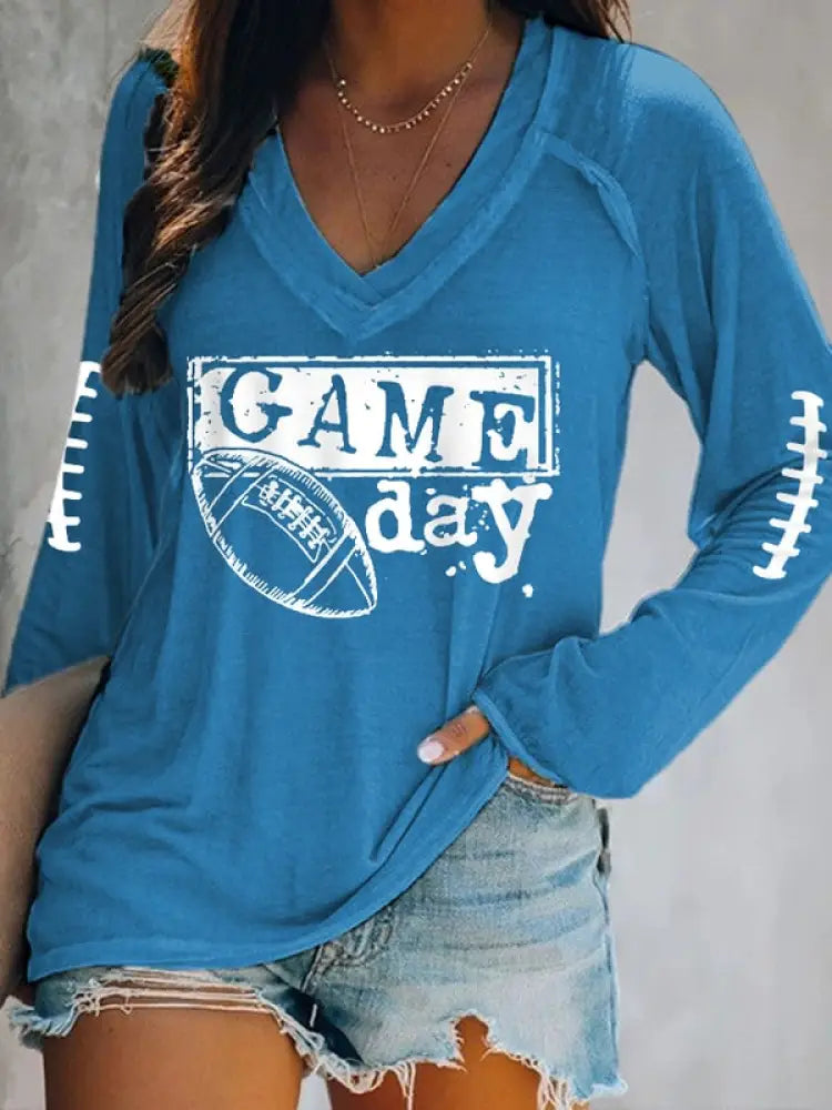 Women’s Football Fans Lovers Gameday Casual Double Layer Neck Long Sleeve T Shirt Blue / S