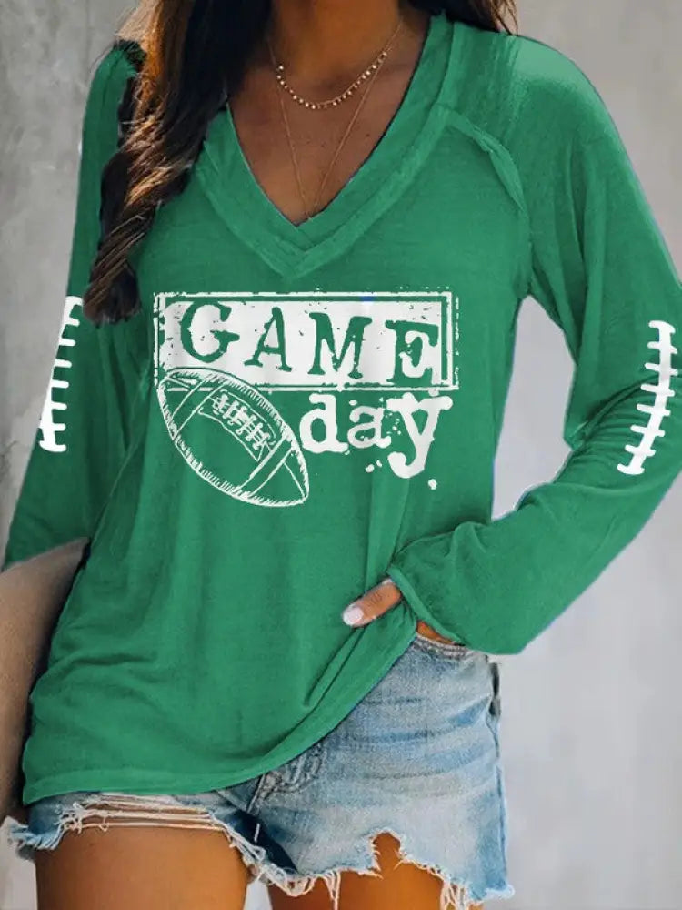 Women’s Football Fans Lovers Gameday Casual Double Layer Neck Long Sleeve T Shirt Green / S