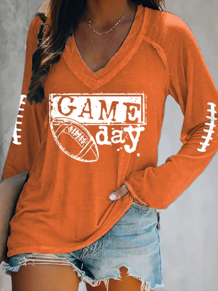 Women’s Football Fans Lovers Gameday Casual Double Layer Neck Long Sleeve T Shirt Orange / S