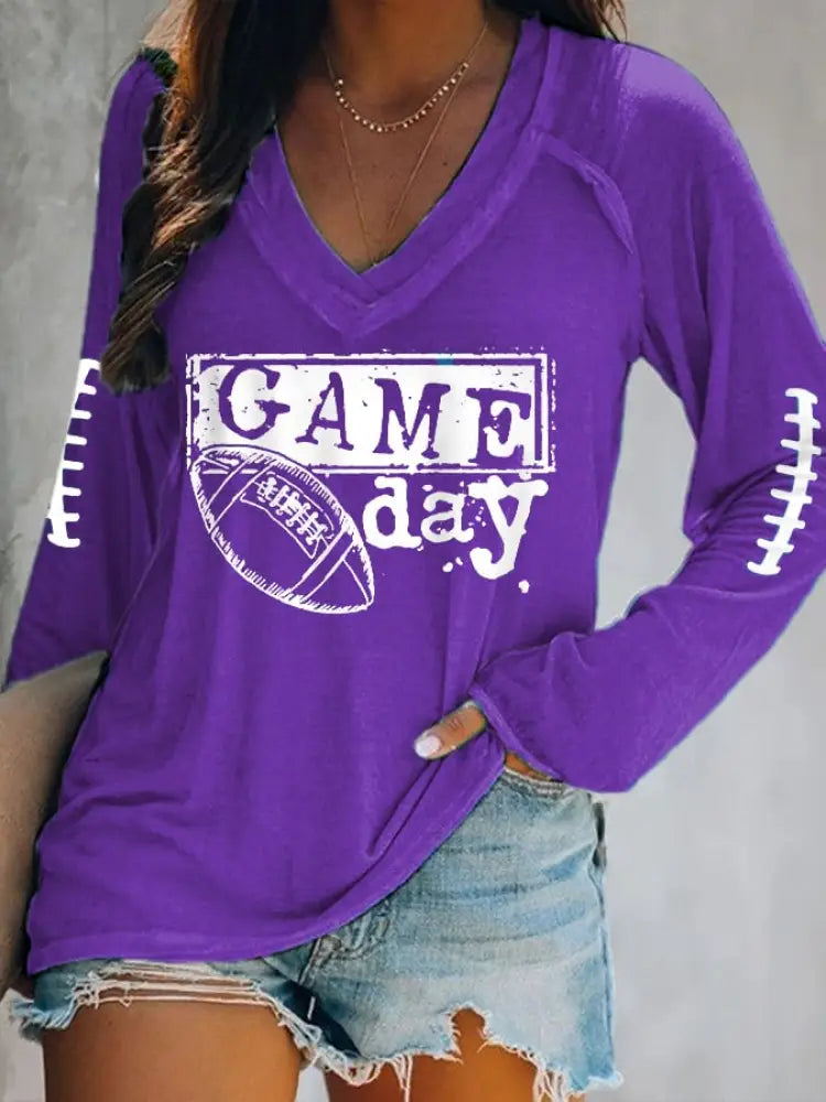 Women’s Football Fans Lovers Gameday Casual Double Layer Neck Long Sleeve T Shirt Purple / S