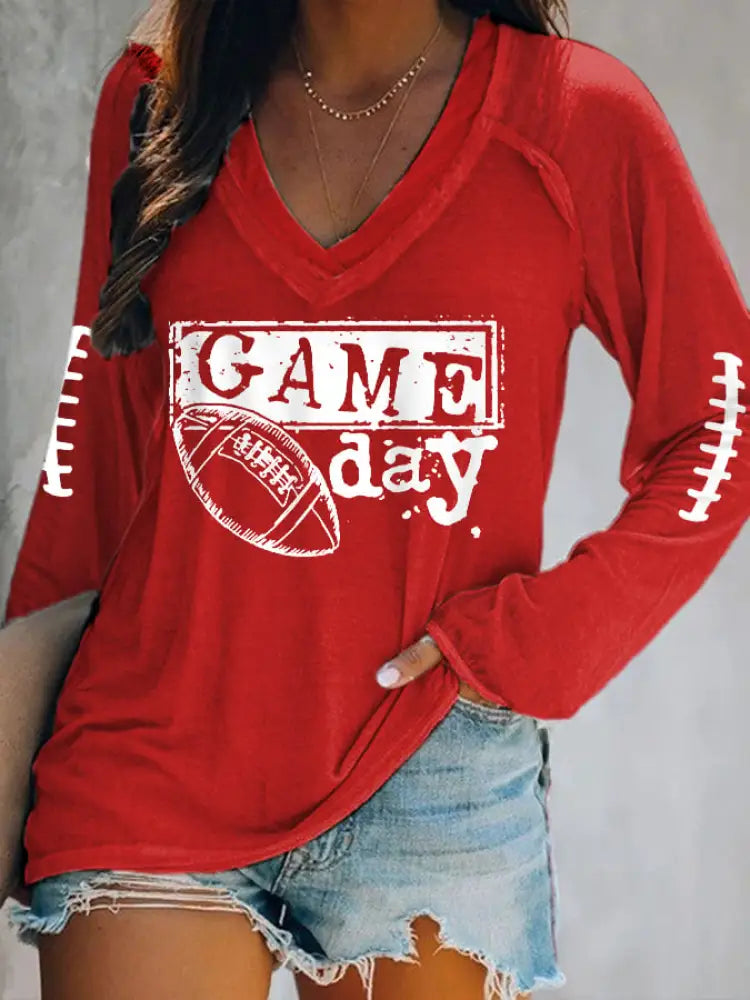 Women’s Football Fans Lovers Gameday Casual Double Layer Neck Long Sleeve T Shirt Red / S