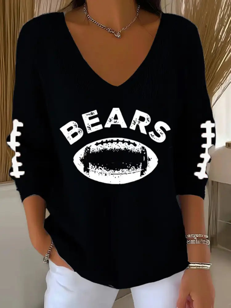 Women’s Football Fans Lovers Gameday Casual V Neck Ribbed Top Black / S