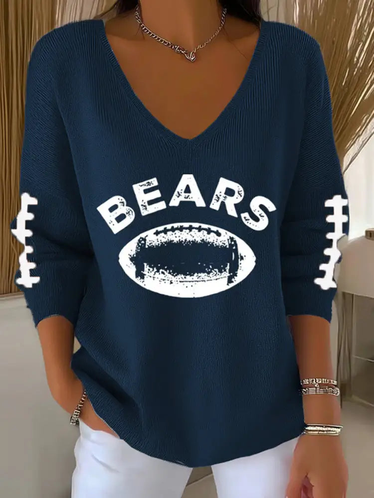 Women’s Football Fans Lovers Gameday Casual V Neck Ribbed Top Navy Blue / S