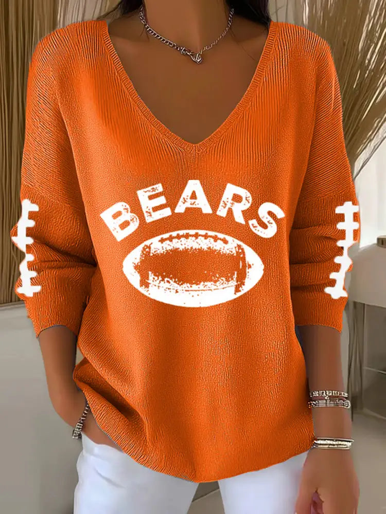 Women’s Football Fans Lovers Gameday Casual V Neck Ribbed Top Orange / S