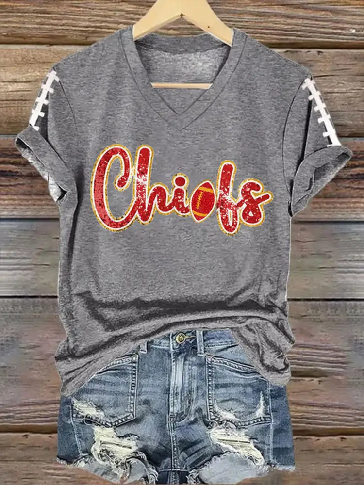 Women’s Football Fans Lovers Gameday Casual V Neck Tee Gray / S