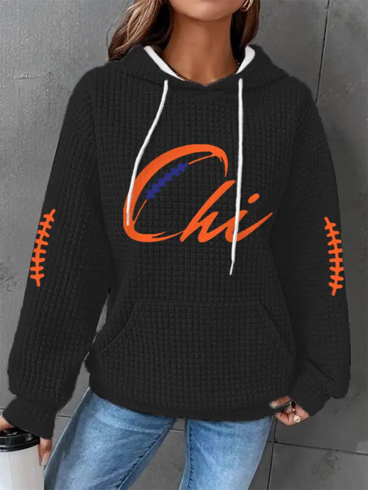 Women’s Football Fans Lovers Gameday Casual Waffle Hoodie Black / S