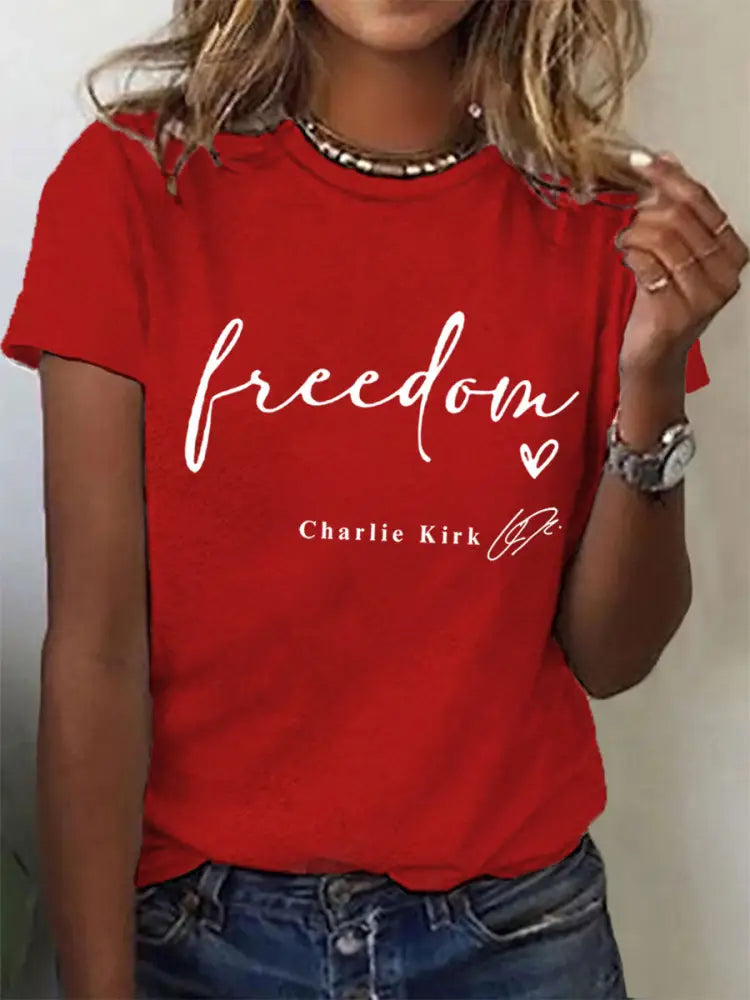 Women’s Freedom Charlie Kirk USA Flag Print Tee