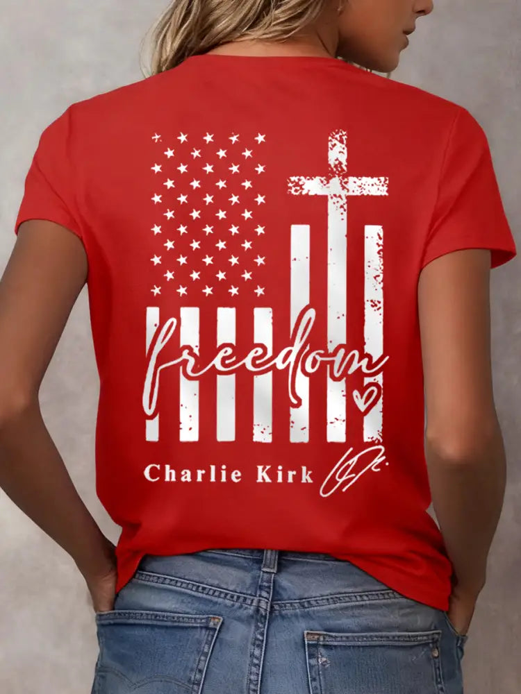 Women’s Freedom Charlie Kirk USA Flag Print Tee