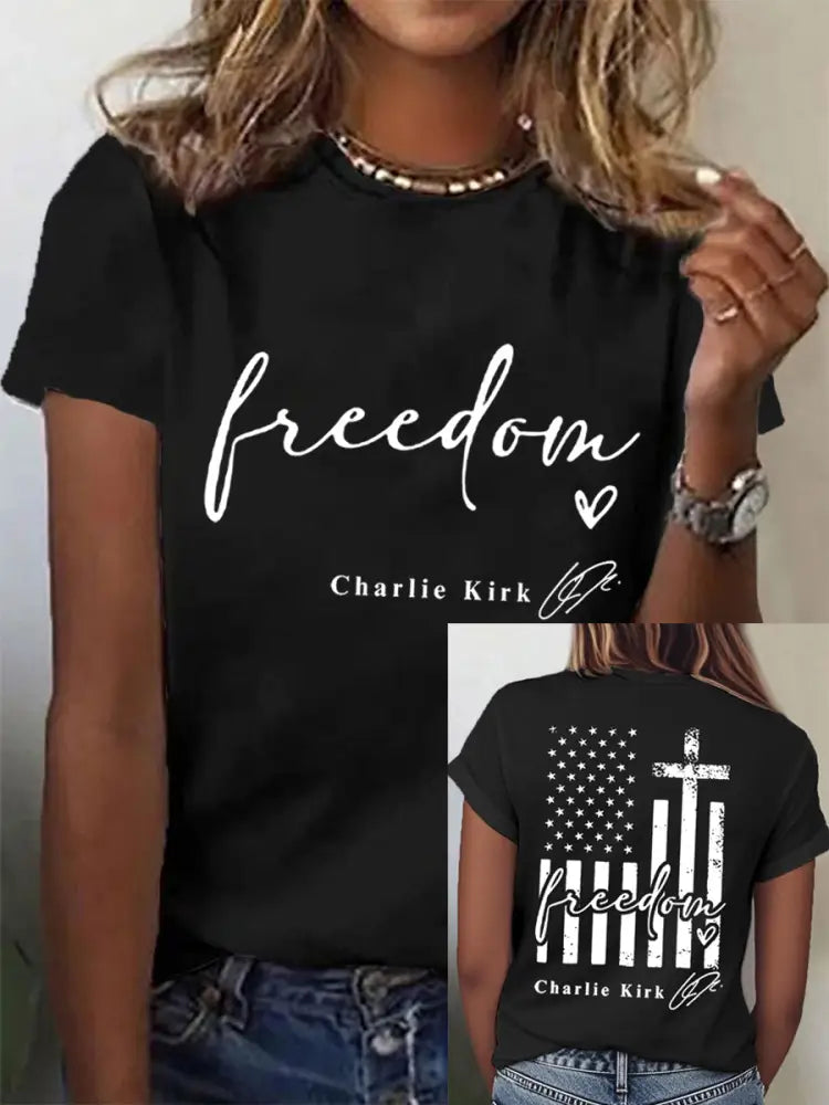 Women’s Freedom Charlie Kirk USA Flag Print Tee Black / S