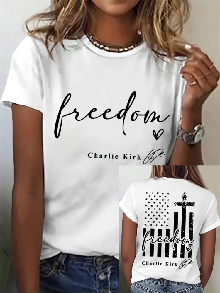 Women’s Freedom Charlie Kirk USA Flag Print Tee White / S