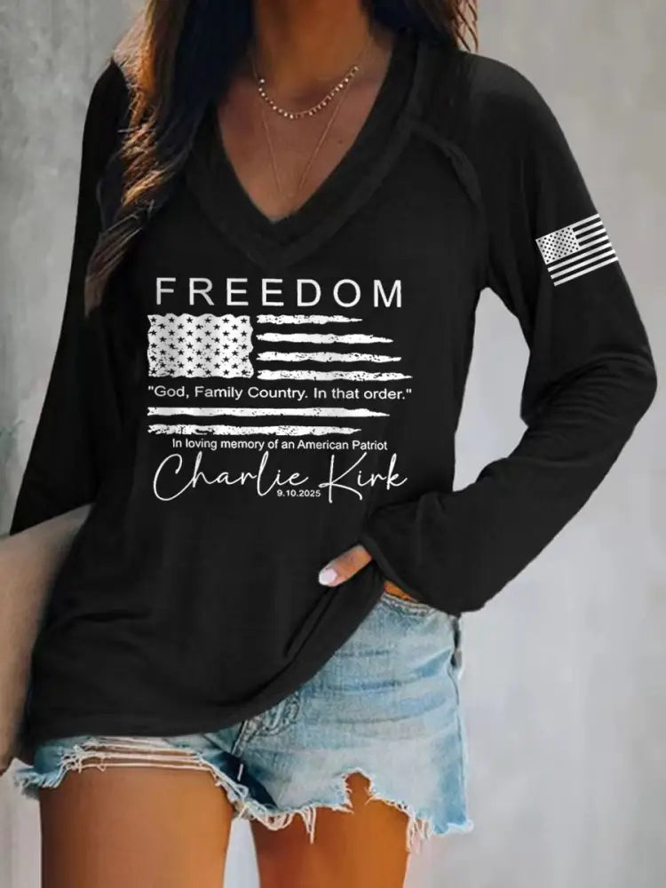 Women’s Freedom Charlie Kirk V-Neck Long-Sleeve T-Shirt Black / S