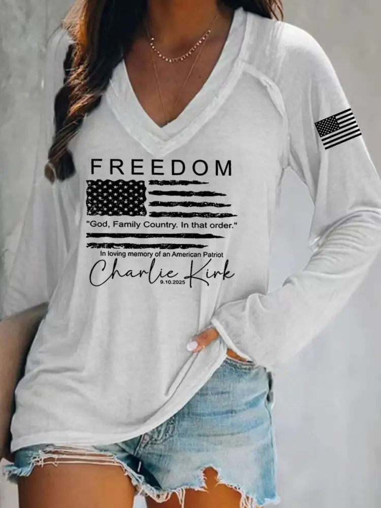 Women’s Freedom Charlie Kirk V-Neck Long-Sleeve T-Shirt White / S