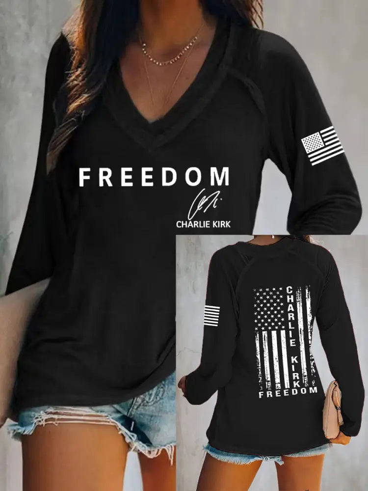 Women’s Freedom Is Not Free R.I.P Charlie Kirk Long Sleeve V-Neck T-Shirt Black / S