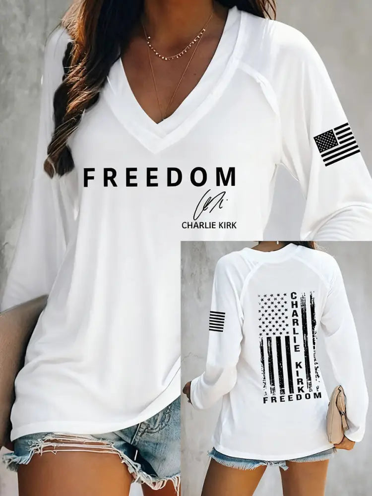 Women’s Freedom Is Not Free R.I.P Charlie Kirk Long Sleeve V-Neck T-Shirt White / S