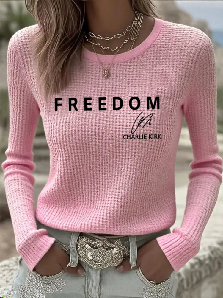 Women’s Freedom Is Not Free R.I.P Charlie Kirk Printed Waffle Casual Long Sleeve Top Light Pink / S