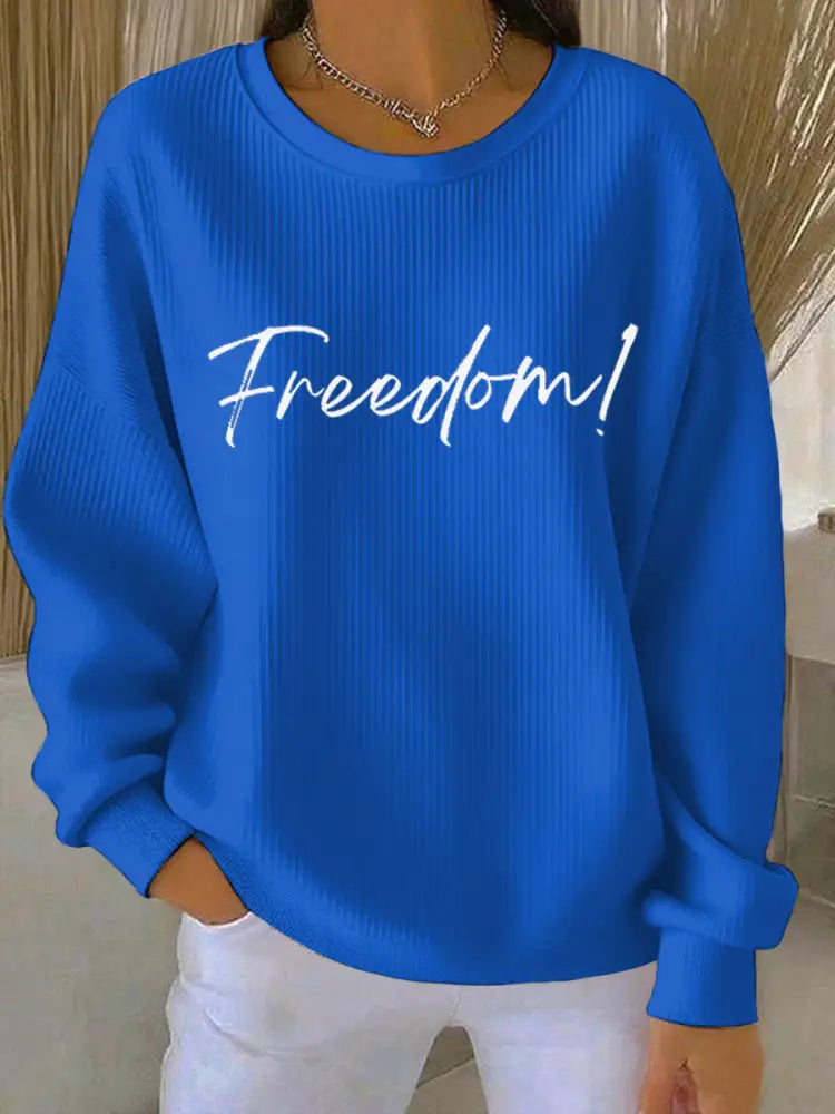 Women’s Freedom Print Ribbed Round-Neck Sweatshirt Blue / S