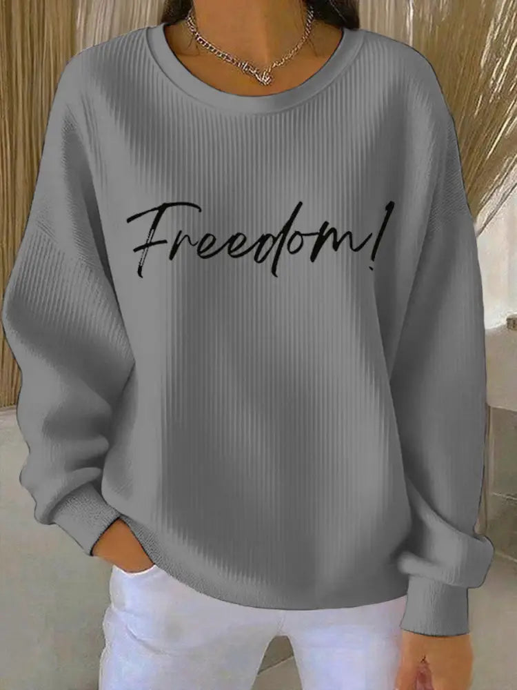 Women’s Freedom Print Ribbed Round-Neck Sweatshirt Light Gray / S