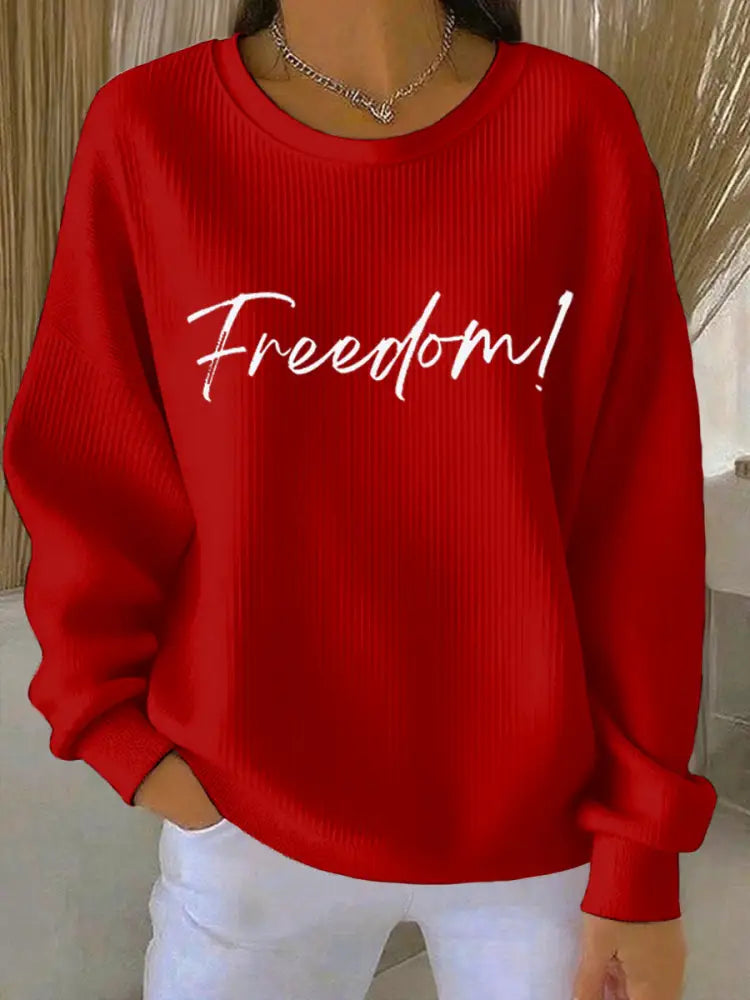 Women’s Freedom Print Ribbed Round-Neck Sweatshirt Red / S