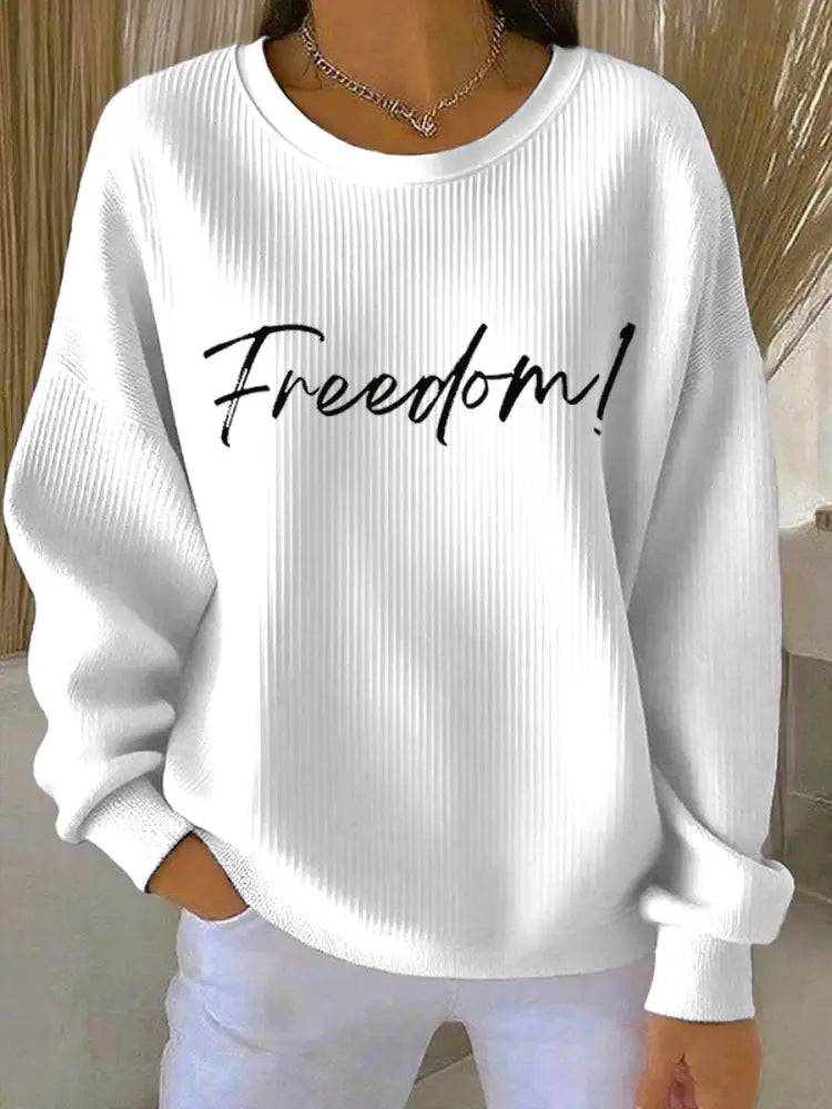 Women’s Freedom Print Ribbed Round-Neck Sweatshirt White / S
