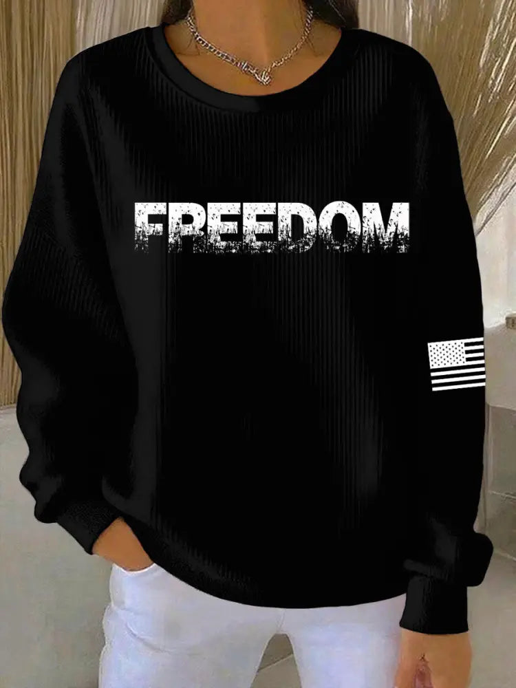 Women’s Freedom Printed Ribbed Round-Neck Sweatshirt Black / S