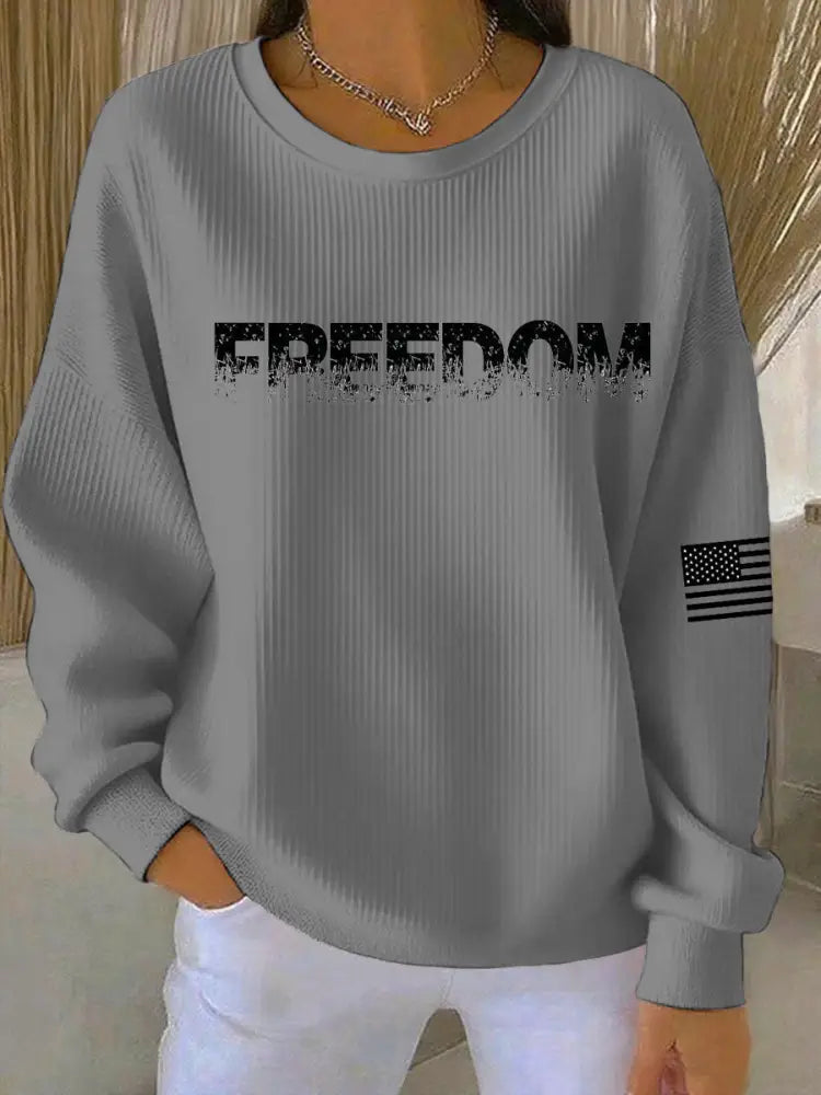 Women’s Freedom Printed Ribbed Round-Neck Sweatshirt Gray / S