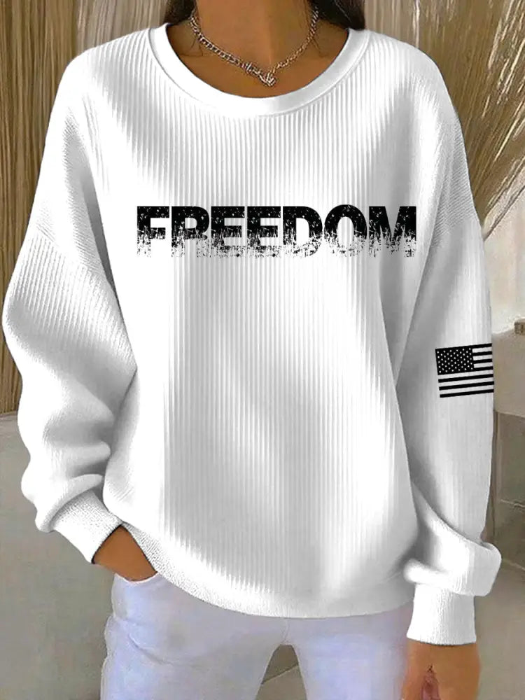 Women’s Freedom Printed Ribbed Round-Neck Sweatshirt White / S