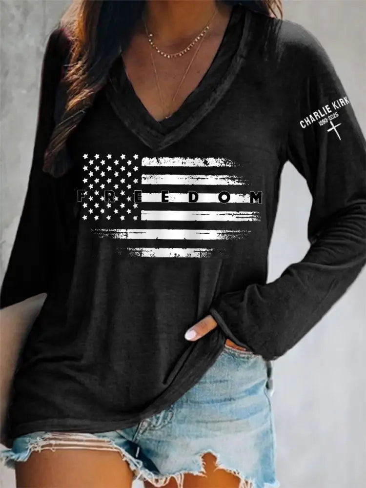 Women’s Freedom USA Flag Print Long-Sleeve T-Shirt Black / S