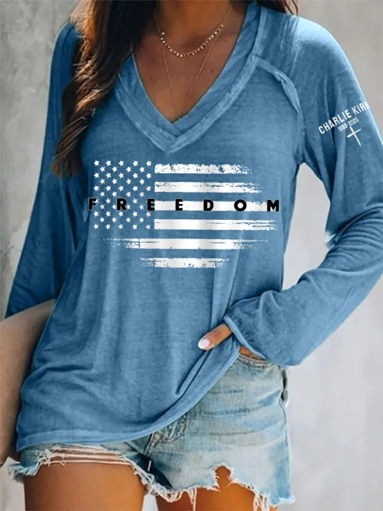 Women’s Freedom USA Flag Print Long-Sleeve T-Shirt Blue / S