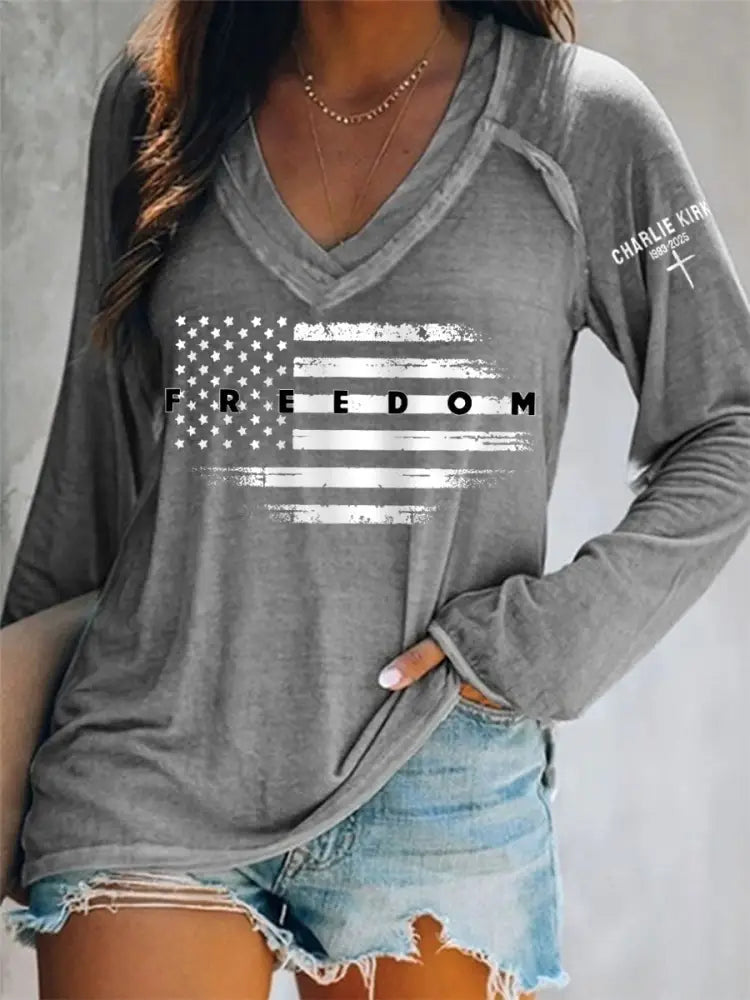 Women’s Freedom USA Flag Print Long-Sleeve T-Shirt Gray / S