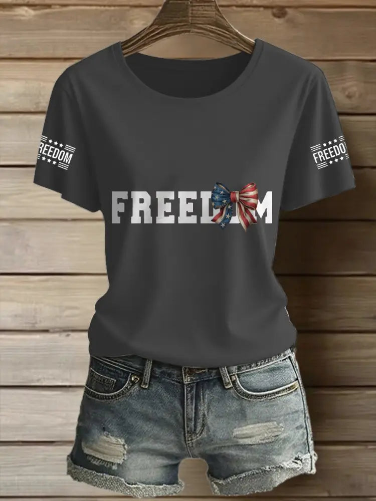 Women’s Freeodm Printed Vintage Fashion Loose Short Sleeve T-Shirt Gray / S
