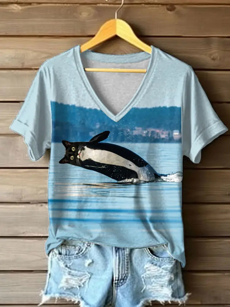Women’s Funny Cat Print Casual T-Shirt As picture / S