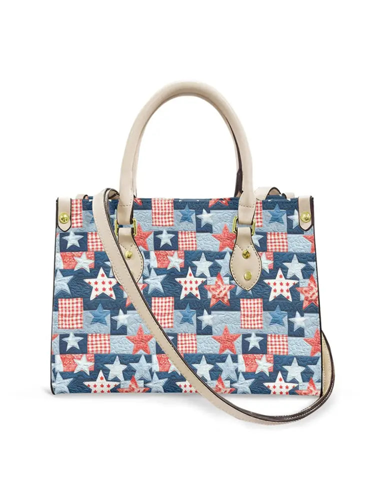 Women’s Independence Day Art Star Plaid Leather Tote Shoulder Bag