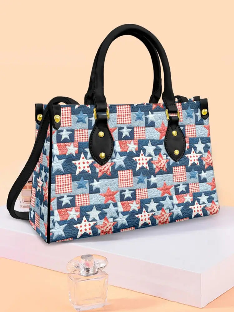 Women’s Independence Day Art Star Plaid Leather Tote Shoulder Bag Black / JM