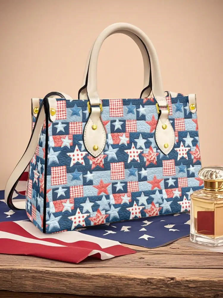 Women’s Independence Day Art Star Plaid Leather Tote Shoulder Bag Creamy-White / JM