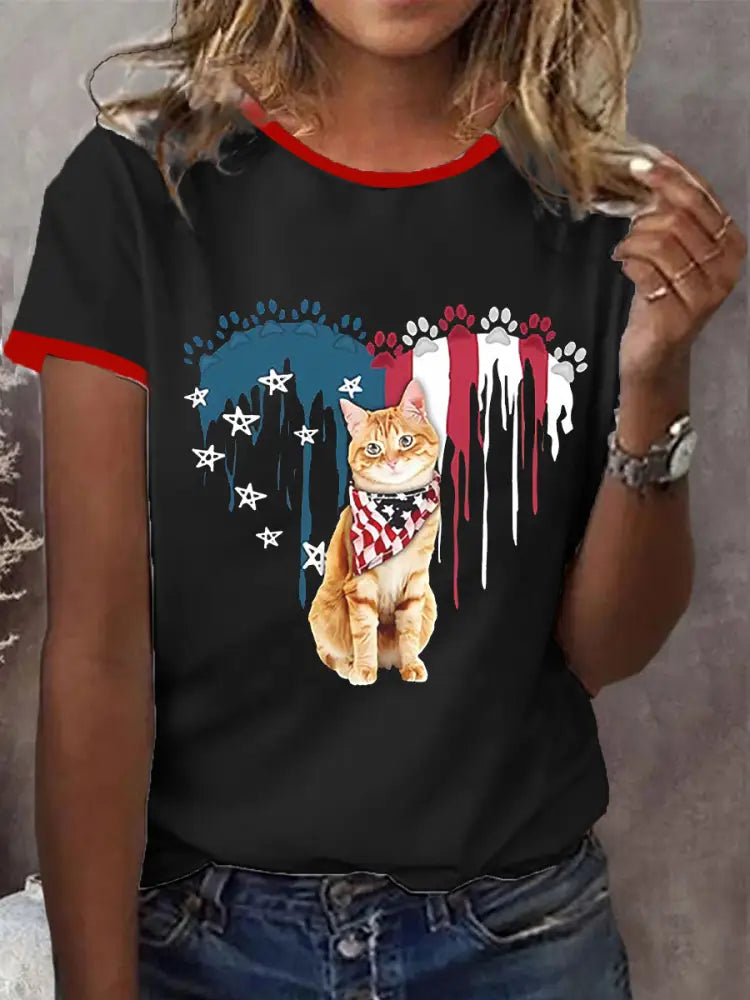 Women’s Independence Day Cat Short-sleeved T-shirt Black / S