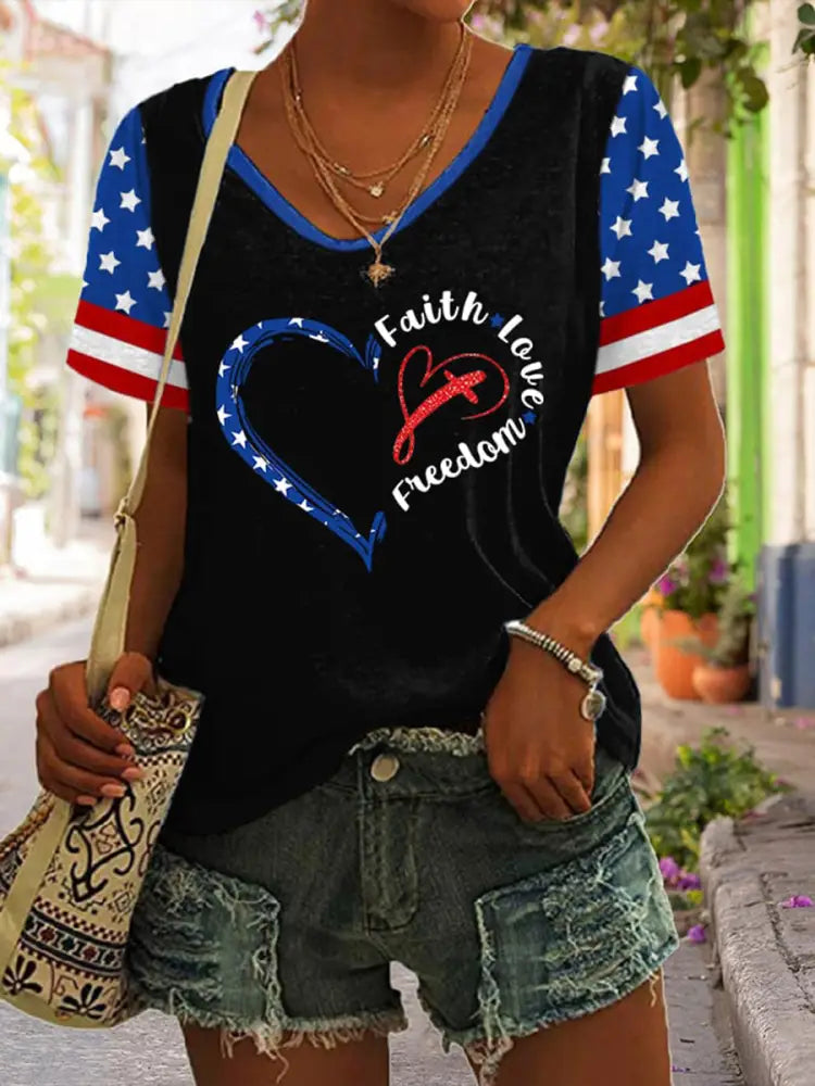 Women’s Independence Day Faith Love Freedom V-neck T-shirt Black / S