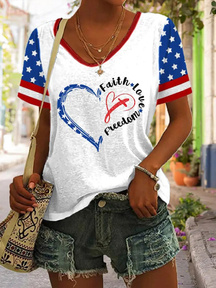 Women’s Independence Day Faith Love Freedom V-neck T-shirt Red / S
