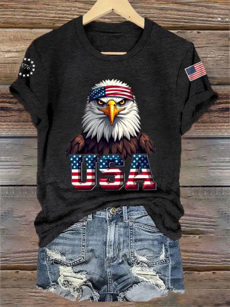 Women’s Independence Day USA Flag Bald Eagle Print Casual Tee Black / S