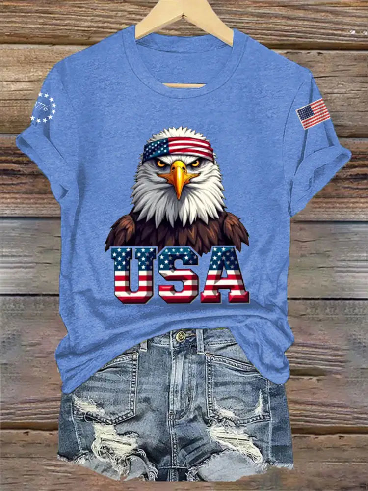Women’s Independence Day USA Flag Bald Eagle Print Casual Tee Light Blue / S