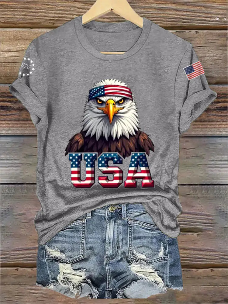 Women’s Independence Day USA Flag Bald Eagle Print Casual Tee Light Gray / S