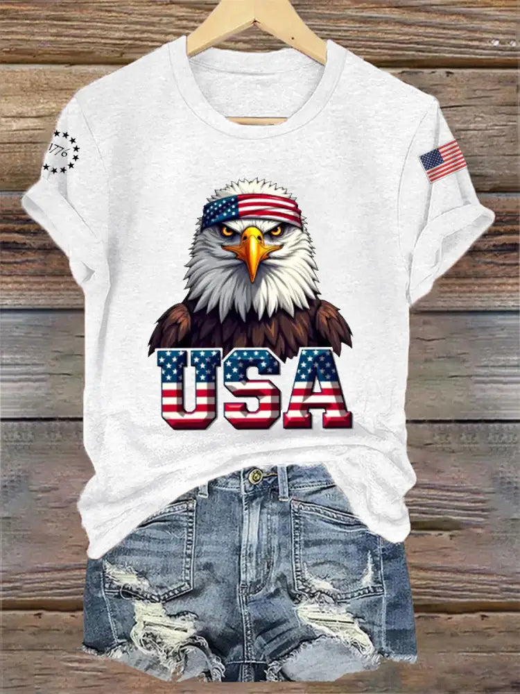 Women’s Independence Day USA Flag Bald Eagle Print Casual Tee White / S