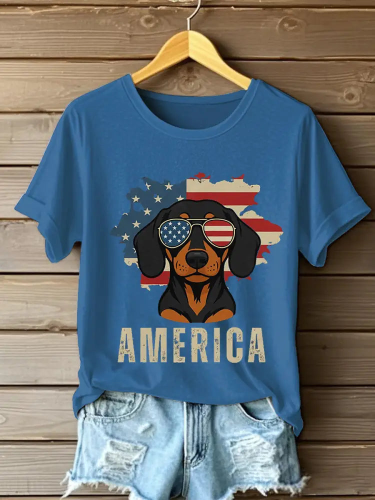 Women’s Independence DayPatriotic Dachshund Short Sleeve T-Shirt Blue / S