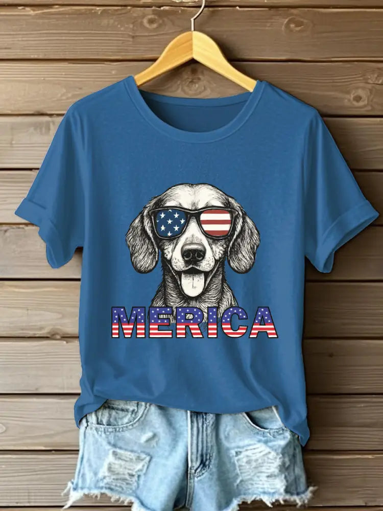Women’s Independence DayPatriotic Dachshund Short Sleeve T-Shirt Blue / S