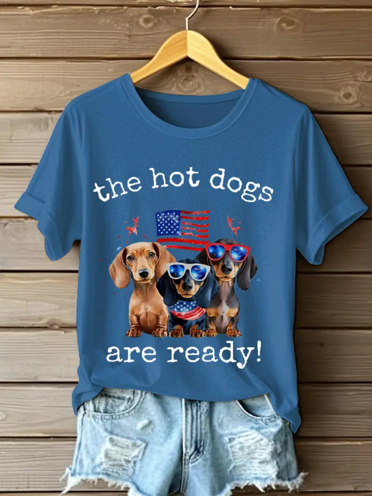 Women’s Independence DayPatriotic Dachshund Short Sleeve T-Shirt Blue / S