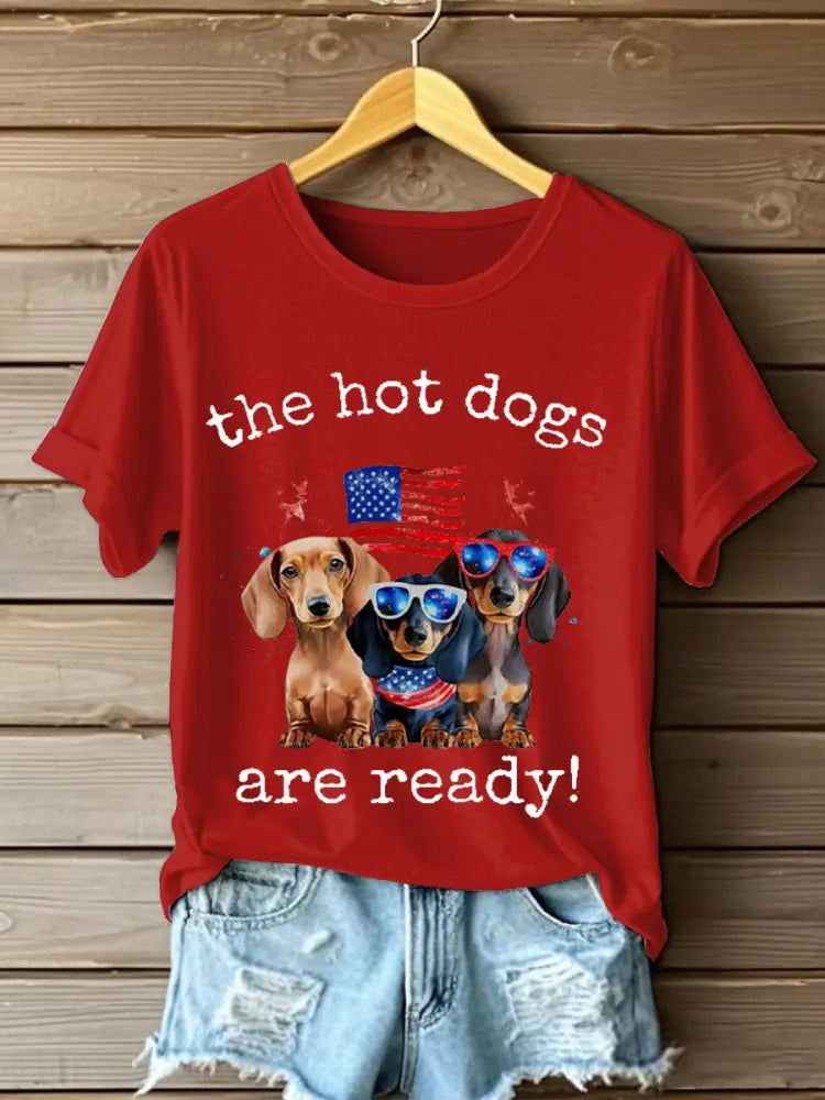 Women’s Independence DayPatriotic Dachshund Short Sleeve T-Shirt Red / S