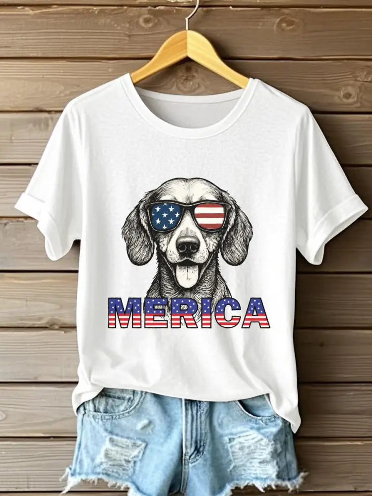 Women’s Independence DayPatriotic Dachshund Short Sleeve T-Shirt White / S
