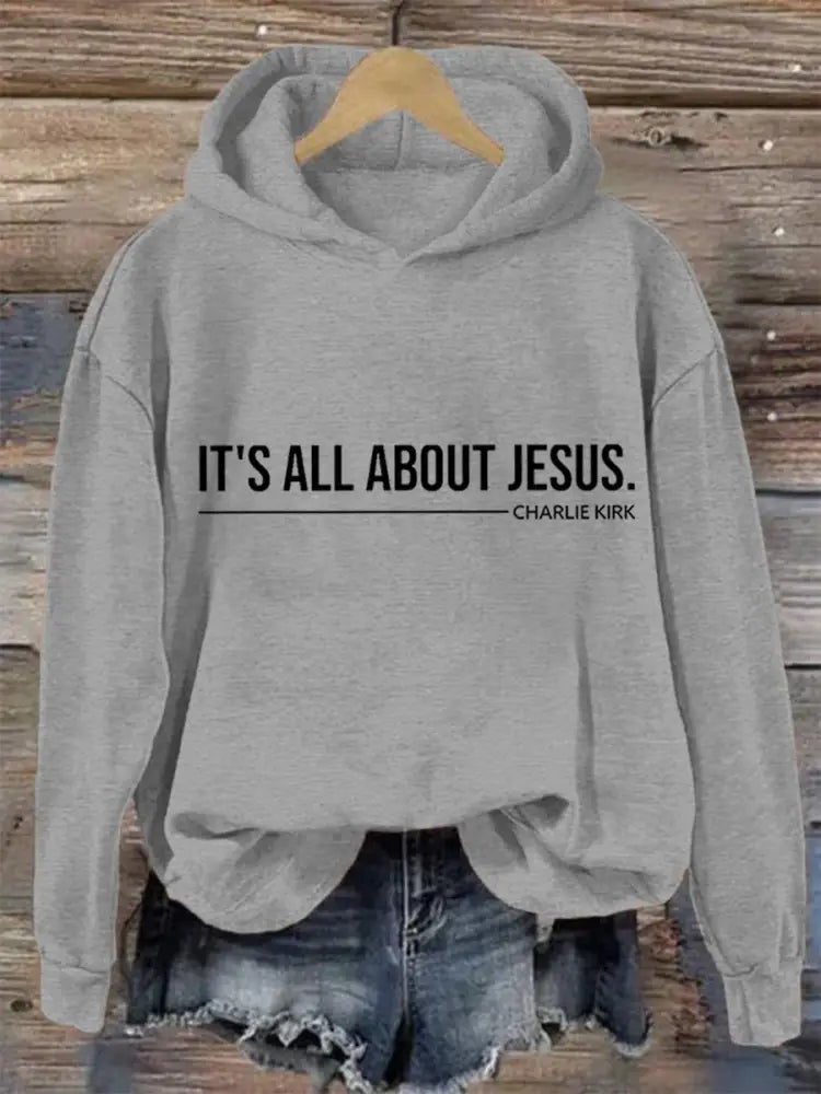 Women’s It’s All About Jesus Charlie Kirk Hoodie Light Gray / S