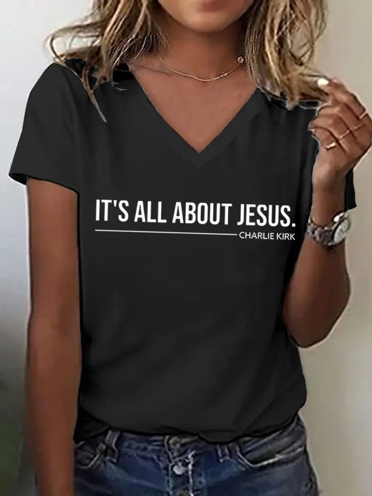 Women’s It’s All About Jesus Charlie Kirk V-Neck Tee Black / S