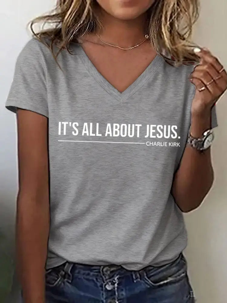 Women’s It’s All About Jesus Charlie Kirk V-Neck Tee Light Gray / S